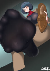 1girl absurdres black_hair black_socks blue_eyes blush crossed_legs d.m._mo feet gundam gundam_gquuuuuux highres looking_at_viewer medium_hair pov shiiko_sugai shoes single_shoe smile socks soles sweat toes unworn_shoes