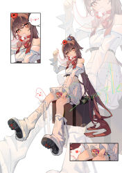 1girl absurdres alternate_costume bare_shoulders boo_tao_(genshin_impact) boots brown_hair crop_top flower flower-shaped_pupils genshin_impact ghost hair_flower hair_ornament highres hu_tao_(genshin_impact) kendama leg_warmers long_hair midriff off-shoulder_shirt off_shoulder plum_blossoms ponytail qixia red_eyes red_nails shirt sitting skirt symbol-shaped_pupils white_boots white_skirt