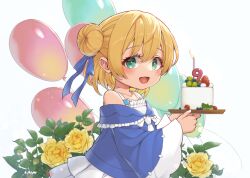 Rule 34 | 1girl, balloon, birthday, birthday cake, blonde hair, blue ribbon, blue shirt, cake, dress, flower, food, frilled dress, frills, from side, green eyes, hair between eyes, hair bun, hair ribbon, highres, holding, holding tray, hoshiduki beeru, indie virtual youtuber, long sleeves, looking at viewer, necktie, open mouth, pucho, ribbon, rose, shirt, short hair, signature, smile, solo, tray, virtual youtuber, white background, white dress, white necktie, wide sleeves, yellow flower, yellow rose