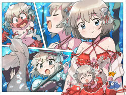 1girl bikini bikini_skirt blue_eyes blush book breasts bubble chibi closed_eyes covering_chest covering_privates fins fish hat isla_(cophocoa) kneeless_mermaid mermaid monster_girl multiple_views music open_mouth original red_bikini ribbon sash seashell shell shell_hair_ornament singing small_breasts staff swimsuit tsubobot underwater witch_hat wrist_ribbon