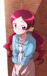 1girl ankou_kyoudai blue_jacket blush closed_mouth commentary dress glasses hanasaki_tsubomi heartcatch_precure! highres jacket long_hair long_sleeves low_ponytail open_clothes open_jacket pink_dress pink_eyes pink_hair ponytail precure scrunchie solo yellow_scrunchie