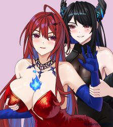 2girls ahoge bare_shoulders black_dress black_hair black_horns black_nails blue_fire blue_gloves blue_hair blush breasts closed_mouth collarbone colored_inner_hair covered_navel dress elbow_gloves elizabeth_rose_bloodflame fire gloves grabbing_another&#039;s_breast groping hair_ornament highres hololive hololive_english horns huge_ahoge large_breasts lips long_hair mole mole_under_eye multicolored_hair multiple_girls nerissa_ravencroft purple_eyes red_dress red_eyes red_hair see-through_cleavage see-through_clothes seraphim_throne strapless strapless_dress twitter_username virtual_youtuber yuri