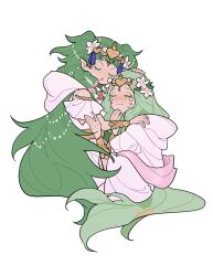 2girls closed_eyes closed_mouth crying dress fire_emblem fire_emblem:_three_houses fire_emblem_heroes flower green_hair hair_flower hair_ornament highres hug julianlynnnn long_hair mother_and_daughter multiple_girls nintendo official_alternate_costume open_mouth pointy_ears rhea_(aura_of_love)_(fire_emblem) rhea_(fire_emblem) sothis_(aura_of_love)_(fire_emblem) sothis_(fire_emblem) very_long_hair white_background white_dress