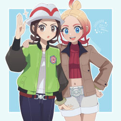 2girls :d :o belt blonde_hair blue_background blue_eyes border brown_belt brown_eyes brown_hair brown_jacket cocoloco commentary_request cropped_shirt dated eyelashes green_jacket hair_bun hand_up harmony_(pokemon) hat jacket multiple_girls nintendo open_clothes open_jacket open_mouth pants pokemon pokemon_legends:_z-a red_shirt ribbed_shirt shirt shorts sidelocks smile sparkle taunie_(pokemon) teeth tongue twintails upper_teeth_only white_shirt