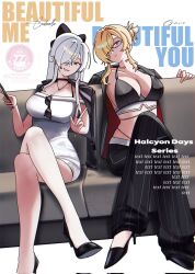2girls arm_behind_back artist_name black_bow black_bra black_choker black_jacket black_pants blazer blonde_hair blue_eyes bow bra breasts cellphone character_name choker cinderella_(beautiful_me)_(nikke) cinderella_(nikke) cleavage closed_mouth commentary couch cover crossed_legs dress english_commentary english_text glasses goddess_of_victory:_nikke grave_(beautiful_you)_(nikke) grave_(nikke) hair_bow hair_bun hair_ornament hair_over_one_eye high_heels highres holding holding_phone jacket jacket_on_shoulders jewelry k3_uddo019 large_breasts legs long_hair looking_at_viewer magazine_cover medium_breasts multiple_girls necklace official_alternate_costume on_couch open_clothes open_jacket open_mouth pants phone ponytail red_eyes sidelocks sitting smartphone smile underwear unworn_eyewear v white_background white_dress white_hair