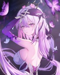1girl absurdres arm_up bare_shoulders black_tiara bow breasts bug butterfly castorice_(honkai:_star_rail) commentary elbow_gloves flower gloves hair_between_eyes hair_bow hair_flower hair_ornament highres honkai:_star_rail honkai_(series) insect large_breasts long_hair looking_at_viewer median_furrow parted_lips pink_flower pointy_ears purple_bow purple_butterfly purple_eyes purple_gloves purple_hair shijihuakai shoulder_blades sidelocks solo tiara upper_body very_long_hair