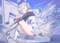 1girl absurdly_long_hair absurdres ahoge black_sleeves blue_eyes blue_hat blue_streaks boots clothing_cutout corset dodari dress floating_hair hands_on_own_knees hat headset hebi_(vtuber) high_heel_boots high_heels highres indie_virtual_youtuber knee_boots knees_up lace-up_boots long_hair multicolored_hair parted_bangs parted_lips see-through_clothes see-through_sleeves shorts shoulder_cutout sitting slit_pupils solo streaked_hair striped_nails thighs two-tone_hat very_long_hair virtual_youtuber white_boots white_corset white_dress white_hair white_hat white_nails white_overskirt white_shorts