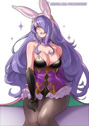 1girl absurdres animal_ears artist_name bare_shoulders black_gloves blush breasts camilla_(fire_emblem) camilla_(spring_princess)_(fire_emblem) choker cleavage deliciousbrain fake_animal_ears fire_emblem fire_emblem_fates fire_emblem_heroes flower frilled_choker frills gloves hair_flower hair_ornament hair_over_one_eye highres large_breasts leotard lipstick long_hair looking_at_viewer makeup nintendo official_alternate_costume pantyhose parted_lips patreon_username playboy_bunny purple_choker purple_eyes purple_hair purple_lips rabbit_ears simple_background solo very_long_hair wavy_hair white_background