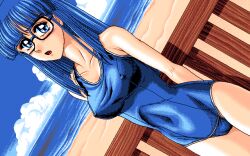 Rule 34 | 1990s (style), 1995, blue eyes, blue hair, glasses, hoshi no suna monogatari 3, long hair, non-web source, pc-98 (style), retro artstyle, school swimsuit, shima (d.o.), swimsuit