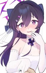 1girl 1other absurdres alternate_costume bare_shoulders black_bow blue_archive blush bow breasts bridal_veil chinese_commentary cleavage collarbone commentary cross crying crying_with_eyes_open double-parted_bangs dress earrings elbow_gloves furrowed_brow glint gloves hair_between_eyes hair_bow hair_ornament hairclip halo hand_up happy happy_tears haruka_(blue_archive) haruka_(dress)_(blue_archive) highres holding_hands jewelry lcz long_hair official_alternate_hairstyle open_mouth parallel_hairclips pov pov_hands purple_eyes purple_hair purple_halo purple_pupils ring sidelocks simple_background sleeveless sleeveless_dress smile solo_focus streaming_tears tears upper_body veil wedding wedding_dress wedding_ring white_background white_dress white_gloves white_veil