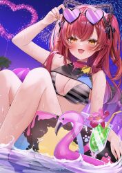 1girl :d adjusting_clothes adjusting_headwear bikini blush commentary_request eyewear_on_head fang fireworks grey_bikini heart heart-shaped_eyewear highres long_hair looking_at_viewer multicolored_hair nekota_tsuna nekota_tsuna_(1st_costume) night ohagetty on_innertube open_mouth orange_eyes orange_hair paint_splatter purple-tinted_eyewear red_hair smile solo streaked_hair striped_bikini striped_clothes sunglasses swim_ring swimsuit tinted_eyewear two_side_up virtual_youtuber vspo! wet