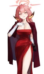 1girl absurdres aru_(blue_archive) aru_(dress)_(blue_archive) blue_archive blush breasts brown_horns cleavage collarbone commentary demon_horns dress earrings feet_out_of_frame grin halo highres horns jaihu jewelry large_breasts long_hair looking_at_viewer necklace pink_hair pink_halo red_dress simple_background smile solo white_background yellow_eyes