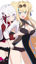 Rule 34 | 2girls, aquamarine725, black dress, black shorts, blonde hair, breasts, commentary request, dress, eyewear on head, grabbing another&#039;s breast, green eyes, groping, highres, honkai (series), honkai impact 3rd, jacket, large breasts, long hair, micro shorts, midriff, multiple girls, open mouth, purple eyes, red jacket, round eyewear, shorts, side slit, songque, sunglasses, thelema nutriscu, thelema nutriscu (mad pleasure: shadowbringer), two side up, very long hair, white hair, white jacket, yuri