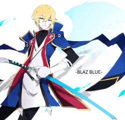 1boy black_pants black_shirt blazblue blonde_hair blue_coat blue_wings coat collared_coat commentary_request copyright_name cowboy_shot elbow_gloves feathered_wings feathers gloves green_eyes hair_between_eyes half-closed_eyes hand_on_hilt high_collar japanese_clothes katana kimono kisaragi_jin layered_sleeves long_sleeves male_focus pants parted_lips sheath sheathed shirt short_hair short_kimono short_over_long_sleeves short_sleeves smirk solo sword turtleneck turtleneck_shirt two-sided_coat two-sided_fabric unagi_(nakaelric) weapon white_background white_gloves white_kimono wings