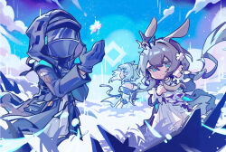 1other 2girls adjusting_hair amiya_(arknights) amiya_(medic)_(arknights) animal_ears arknights ascot black_gloves black_jacket blue_eyes blue_sky brown_hair chinese_commentary cloud commentary_request cowboy_shot doctor_(arknights) dress gloves green_hair hand_up highres hood hooded_jacket jacket kal&#039;tsit_(arknights) lab_coat long_hair looking_at_viewer mask mixed-language_commentary multiple_girls outdoors rabbit_ears shakin short_hair sky smile white_ascot white_dress