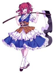 1girl blue_dress breasts cleavage commentary_request commission dress frilled_dress frills full_body highres holding holding_scythe kinamielise looking_at_viewer makir obi onozuka_komachi open_mouth puffy_short_sleeves puffy_sleeves red_eyes red_hair sandals sash scythe second-party_source short_sleeves socks solo sweat tabi tachi-e touhou two_side_up white_socks