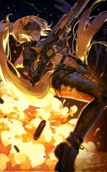 1girl artist_name backlighting black_background black_blindfold black_gloves black_pants blindfold blonde_hair camouflage camouflage_pants closed_mouth commentary corrupted_twitter_file eye_mask fingerless_gloves fire gloves gun gunblade highres holding holding_weapon light_particles midriff navel pants ponytail rifle sandysoon610 shell_casing smile sniper_rifle solo stomach symbol-only_commentary tight_clothes tight_pants trigger_(zenless_zone_zero) weapon zenless_zone_zero zipper_pull_tab