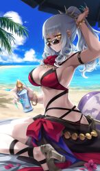 1girl arm_up armlet armpits ascot ball beach beachball bikini black_armlet black_sarong blue_nails blue_sky bottle bow bracelet breasts carmilla_(fate) carmilla_(summertime_mistress)_(fate) chaldea_summer_memory cleavage cloud commentary curly_hair day fate/grand_order fate_(series) fingernails gold_bracelet gold_necklace high_heels high_ponytail holding holding_bottle jewelry long_fingernails long_hair looking_at_viewer medium_breasts necklace ocean official_art palm_tree petals ponytail red_ascot red_bikini red_bow saitou_hiroki sandals sarong sideboob sidelocks sitting sky solo spiked_hair_ornament sunglasses swimsuit third-party_source tree wariza water white_hair yellow_eyes