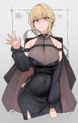 1girl alternate_costume azz0422 belt_collar black_choker black_dress black_sleeves blonde_hair blush breasts chest_harness choker closed_mouth collar commentary covered_navel cropped_legs detached_sleeves dress english_commentary evelyn_chevalier grey_background hair_up harness highres jacket jacket_on_shoulders large_breasts looking_at_viewer pencil_dress purple_eyes see-through_cleavage see-through_clothes solo waving zenless_zone_zero