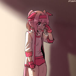 1girl animal_ears bandaid bandaid_on_leg bow buruma commentary crying crying_with_eyes_open ear_bow english_commentary fingerless_gloves flower-shaped_pupils gloves haru_urara_(umamusume) headband highres horse_ears horse_girl horse_tail jacket kaibootsu pink_buruma pink_hair pink_headband shirt solo symbol-shaped_pupils tail tears umamusume white_jacket white_shirt wiping_tears