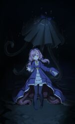 Rule 34 | 1girl, absurdres, ahoge, black thighhighs, bow, commentary request, creature, dress, full body, green ribbon, hair bow, highres, horizontal pupils, korean commentary, long hair, low twintails, mixed-language commentary, n 77z, neck ribbon, original, outstretched arm, purple bow, purple dress, purple hair, ribbon, sleeves past fingers, sleeves past wrists, standing, tentacles, thighhighs, twintails, underwater, yellow eyes