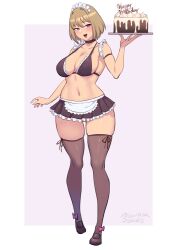 1girl :d allurmilk bikini black_skirt blue_eyes borrowed_character breasts brown_hair brown_thighhighs cake commentary_request food happy_birthday holding large_breasts looking_at_viewer maid maid_bikini maid_headdress open_mouth original short_hair skirt smile solo standing swimsuit thighhighs unconventional_maid