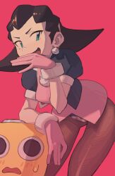 Rule 34 | 1girl, absurdres, arm on another&#039;s head, blush, breasts, brown hair, brown pantyhose, cropped jacket, crotch plate, earrings, flipped hair, gloves, green eyes, hair pulled back, hair slicked back, hairband, hand on another&#039;s head, highres, jewelry, laughing, long hair, looking at viewer, medium breasts, mega man (series), mega man legends, mega man legends (series), open mouth, pantyhose, piku184, pink background, pink gloves, pink hairband, puffy short sleeves, puffy sleeves, robot, servbot (mega man), short sleeves, simple background, skull brooch, skull earrings, tron bonne (mega man)