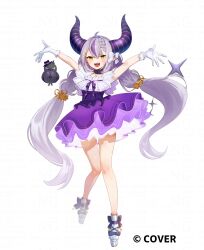 1girl :d ahoge alternate_costume alternate_hairstyle black_horns bow braid braided_bangs commentary_request copyright_notice crow_(la+_darknesss) demon_horns double-parted_bangs dress fangs frilled_dress frills full_body gloves grey_hair hair_between_eyes hair_bow hair_ornament highres hololive horns la+_darknesss layered_dress long_hair looking_at_viewer low_twin_braids low_twintails multicolored_hair official_art open_hand open_mouth outstretched_arms platform_heels pointy_ears purple_dress purple_hair shoes short_dress short_sleeves simple_background slit_pupils smile solo star_(symbol) star_hair_ornament streaked_hair striped_horns tachi-e tail teeth twin_braids twintails upper_teeth_only v-shaped_eyebrows very_long_hair virtual_youtuber white_background white_bow white_gloves white_shoes yellow_eyes yokujitsu