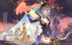3boys 6+girls aglaea_(honkai:_star_rail) anaxa_(honkai:_star_rail) animal_ears animal_hood black_gloves black_leotard black_sky blonde_hair blue_eyes blue_sky boots breasts castorice_(honkai:_star_rail) cat_ears cat_girl cat_hood cat_tail chinese_commentary chrysos_heirs_(honkai:_star_rail) cipher_(honkai:_star_rail) cleavage commentary_request dress fingerless_gloves gloves gold_boots grey_hair highres honkai:_star_rail honkai_(series) hood hyacine_(honkai:_star_rail) laurel_crown leotard looking_at_viewer medium_breasts mole mole_on_breast multiple_boys multiple_girls mydei_(honkai:_star_rail) phainon_(honkai:_star_rail) pouch purple_hair qingming_tiaohetu red_hair short_hair_with_long_locks sitting sky spirithief_bartholos_(honkai:_star_rail) tail thigh_boots thighs tribbie_(honkai:_star_rail) trinnon_(honkai:_star_rail) white_dress white_hair