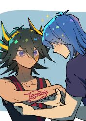 2boys absurdres black_hair black_shirt blonde_hair blue_background blue_hair body_markings bruno_(yu-gi-oh!) facial_mark fudo_yusei highres male_focus medium_hair multicolored_hair multiple_boys shirt simple_background sparkle spiked_hair streaked_hair two-tone_hair upper_body youko-shima yu-gi-oh! yu-gi-oh!_5d&#039;s