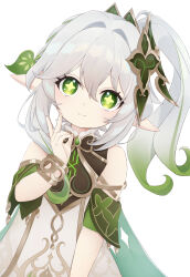 1girl absurdres bare_shoulders bracelet closed_mouth commentary detached_sleeves dress genshin_impact gold_trim gradient_hair green_eyes green_hair green_sleeves hair_between_eyes hair_ornament highres iroha_(mimi0618xx) jewelry leaf_hair_ornament long_hair multicolored_hair nahida_(genshin_impact) pointy_ears side_ponytail simple_background sleeveless sleeveless_dress smile solo star-shaped_pupils star_(symbol) symbol-shaped_pupils white_background white_dress white_hair