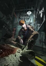 1boy arm_on_thigh background_request blood blood_on_ground boat_interior boots busujima_rio_mason cable camouflage camouflage_jacket camouflage_pants commentary_request expressionless fire_extinguisher from_below full_body generator gun hanging_lantern hazard_stripes highres holding holding_gun holding_weapon hypnosis_mic industrial_pipe jacket knee_boots knee_up lace-up_boots ladder light_frown long_sleeves looking_to_the_side male_focus metal_floor on_floor open_clothes open_jacket orange_hair pale_skin pants pants_tucked_in pegxvpve8 perspective red_shirt shell_casing shirt short_hair sidelighting sitting solo valve very_short_hair weapon weapon_request