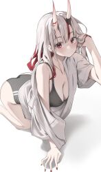 1girl absurdres adjusting_hair alternate_costume arm_up ass black_bra black_panties bra breasts cleavage closed_mouth commentary from_above gradient_hair grey_hair hair_between_horns hand_on_ground highres hololive horns kneeling long_hair looking_at_viewer multicolored_hair nakiri_ayame off_shoulder oni panties red_eyes red_hair scarlet_(wv0102) shirt short_sleeves simple_background skin-covered_horns smile solo streaked_hair symbol-only_commentary underwear virtual_youtuber white_background white_shirt