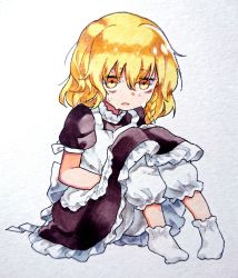1girl apron bad_id bad_twitter_id bags_under_eyes blonde_hair bloomers commentary d: dress female_focus highres holding_stomach kirisame_marisa looking_at_viewer nervous_sweating no_headwear open_mouth sasa_kichi sick sitting skirt socks solo sweat touhou underwear wavy_hair white_footwear white_socks yellow_eyes