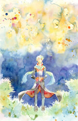 1boy black_coat black_pants blue_scarf brown_shoes closed_mouth coat colorful_background expressionless full_body long_sleeves looking_at_viewer male_focus multicolored_coat own_hands_together pants priest_(ragnarok_online) ragnarok_online red_coat sansaro scarf shoes short_hair solo standing two-tone_coat white_hair