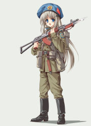 1girl absurdres ak-74 aks-74 assault_rifle backpack bag bat_hair_ornament bayonet belt_buckle beret blue_eyes blush boots buckle full_body grey_hair gun hair_ornament happy hat highres kalashnikov_rifle little_busters! load_bearing_equipment long_hair longmei_er_de_tuzi looking_at_viewer military military_uniform noumi_kudryavka open_mouth paratrooper patch rifle shadow simple_background soldier solo soviet weapon