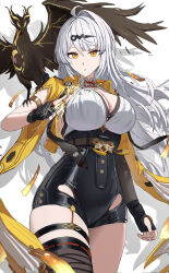 1girl ahoge armlet belt bird black_gloves breasts cleavage closed_mouth cowboy_shot cropped_jacket fingerless_gloves gloves hair_ornament hairclip hashtag-only_commentary high-waist_shorts highres jacket jewelry large_breasts long_hair looking_at_viewer shorts simple_background single_thighhigh skrillex_li solo tassel thigh_strap thighhighs white_background white_hair yellow_eyes yellow_jacket yi_xuan_(zenless_zone_zero) zenless_zone_zero