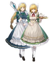 Rule 34 | 2girls, apron, blonde hair, braid, braided ponytail, fire emblem, fire emblem: genealogy of the holy war, fire emblem: thracia 776, fire emblem: three houses, green eyes, hair ornament, highres, ingrid brandl galatea, ingrid brandl galatea (tea party), long hair, looking at viewer, low ponytail, maid, maid apron, maid headdress, multiple girls, nanna (fire emblem), nanna (tea party) (fire emblem), nintendo, non-web source, official alternate costume, official art, ponytail, short hair, smile, tachi-e, wing hair ornament