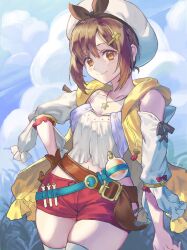 Rule 34 | 1girl, atelier (series), atelier ryza, atelier ryza 1, bare shoulders, beret, blue sky, breasts, brown eyes, brown gloves, brown hair, camisole, cleavage, closed mouth, collarbone, commentary request, cowboy shot, detached sleeves, gloves, hair ornament, hairclip, hand on own hip, hat, jacket, jewelry, kko (kko m12), korean commentary, looking at viewer, medium breasts, midriff, mixed-language commentary, navel, necklace, potion, red shorts, reisalin stout, short shorts, shorts, single glove, sky, sleeveless, sleeveless jacket, smile, solo, star (symbol), star necklace, thighhighs, white camisole, white hat, white jacket, white sleeves, white thighhighs