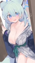 1girl absurdres animal_ears bath_yukata blue_archive blue_hair blue_halo blue_pubic_hair blush breasts cleavage colored_pubic_hair commentary_request female_pubic_hair flying_sweatdrops halo highres japanese_clothes kimono large_breasts long_hair looking_at_viewer mikozin nipple_slip nipples official_alternate_costume open_mouth paid_reward_available pubic_hair pubic_hair_peek purple_eyes shigure_(blue_archive) shigure_(hot_spring)_(blue_archive) simple_background solo weasel_ears weasel_girl white_background yukata