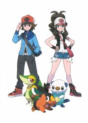 10s 1boy 1girl 3others absurdres bare_legs black_vest blue_eyes breasts brown_eyes denim denim_shorts female_focus full_body gen_5_pokemon hand_on_own_hip happy high_ponytail highres hilbert_(pokemon) hilda_(pokemon) multiple_others nintendo official_art open_mouth oshawott poke_ball_print pokemon pokemon_bw ponytail scan short_hair short_shorts shorts simple_background smile snivy standing sugimori_ken tail tepig transparent_background vest white_background