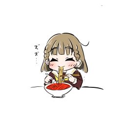 1girl ^_^ blush bowl brown_dress brown_hair center-flap_bangs chinese_spoon chopsticks closed_eyes commentary daime_(hyahhaa10) dress eating food hasu_no_sora_school_uniform highres holding holding_chopsticks holding_spoon kachimachi_kosuzu link!_like!_love_live! long_sleeves love_live! medium_hair neckerchief noodles ramen sailor_collar sailor_dress school_uniform side_ahoge simple_background solo spicy spoon virtual_youtuber white_background white_sailor_collar winter_uniform yellow_neckerchief