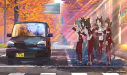 1boy 6+girls =_= animal_ears arm_at_side breasts brown_hair bus car commentary_request crosswalk dated day domino_mask el_condor_pasa_(umamusume) elbow_rest golden_generation_(umamusume) grass_wonder_(umamusume) hair_ornament hairclip heel_up highres horse_ears horse_girl horse_tail jacket king_halo_(umamusume) long_hair long_sleeves looking_at_another mask motor_vehicle multicolored_shoes multiple_girls one_side_up open_mouth outdoors pants pointing pointing_at_self ponytail red_jacket red_pants red_shoes road seiun_sky_(umamusume) shoes short_hair small_breasts smile sneakers special_week_(umamusume) standing sunlight tail takuzui toyota_prius tracen_training_uniform track_suit traffic tree twitter_username two-tone_shoes umamusume waving white_shoes winter_uniform