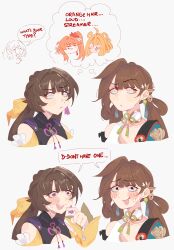 1other 4girls :d absurdres bell blonde_hair blunt_bangs brown_hair commission grey_background guinaifen_(honkai:_star_rail) hair_bell hair_ornament highres honkai:_star_rail honkai_(series) honkai_impact_3rd jingle_bell li_sushang li_sushang_(peregrine_sword) long_hair multiple_girls open_mouth orange_hair portrait simple_background smile speech_bubble susannah_manatt sushang_(honkai:_star_rail) thought_bubble unfamousradish