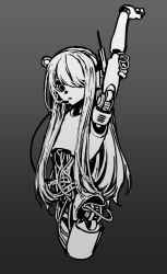 Rule 34 | 1girl, a.i. voice, adachi rei, android, arm behind head, arm up, cable, completely nude, cropped legs, gradient background, greyscale, hair over one eye, hand on own arm, headlamp, headset, highres, joints, kirihi ko, long hair, looking at viewer, monochrome, no nipples, nude, radio antenna, robot girl, robot joints, solo, standing, stretching, utau