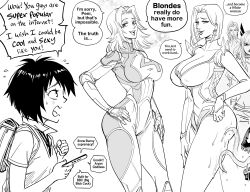 1boy 5girls absurdres backpack bag bb_(baalbuddy) black_hair blonde_hair bob_cut bodysuit breasts choker color_connection dagger_(marvel) earrings emma_frost fantastic_four hair_color_connection highres holding holding_phone jewelry large_breasts leotard licking licking_leg long_tongue magik_(x-men) marvel marvel_rivals multiple_girls peni_parker phone randoseru school_uniform short_hair shoulder_spikes speech_bubble spider-man_(series) spikes sue_storm thick_thighs thighs tongue trait_connection venom_(marvel) x-men