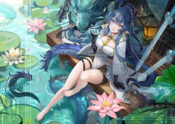 1girl arknights bare_legs barefoot black_shorts blue_eyes blue_hair blue_nails braid breasts coat colored_extremities commentary_request commission cup dragon_girl earrings eastern_dragon_horns eastern_dragon_tail fh_moya flower full_body gourd highres holding holding_cup jewelry lantern large_breasts ling_(arknights) long_hair long_sleeves looking_at_viewer lotus lotus_leaf nail_polish necktie open_clothes open_coat parted_lips pointy_ears sakazuki shirt short_shorts shorts sitting smile solo sword thigh_strap toenail_polish toenails twitter_username very_long_hair weapon white_coat white_shirt wide_sleeves yellow_necktie