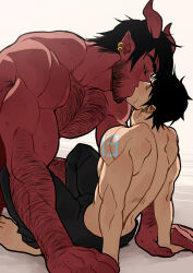 Rule 34 | 2boys, absurdres, arm hair, back, bara, barefoot, beard, black hair, black pants, chest hair, commentary, demon, demon horns, dominique (the devil and s-13), ear piercing, earrings, english commentary, facial hair, highres, horns, jewelry, kiss, male focus, multiple boys, multiple earrings, muscular, muscular male, pants, piercing, red horns, short hair, steen (the devil and s-13), suyohara, the devil and s-13, white background, yaoi