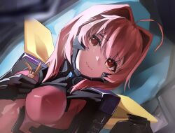 1girl ahoge armored_bodysuit bodysuit bow breasts fortified_suit hair_bow hair_intakes holding impossible_bodysuit impossible_clothes kagami_sumika long_hair low_ponytail mecha_pilot_suit medium_breasts muv-luv muv-luv_alternative pilot_suit pink_bodysuit ponytail red_eyes red_hair ribbon smile solo takasata_takina tearing_up yellow_bow