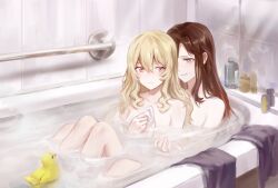 2girls bathing bathtub blonde_hair brown_hair closed_mouth commentary emika_(ww66229393) hashtag-only_commentary highres long_hair multiple_girls nude partially_submerged pink_eyes purple_eyes rubber_duck saijou_claudine same-sex_bathing shampoo_bottle shared_bathing shoujo_kageki_revue_starlight smile tendou_maya water yuri